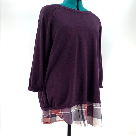 Coupe Collection Purple and Plaid Layered Look 3/4 Sleeve Sweater, Large - Picture 9 of 15